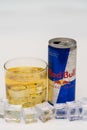 Aluminium can of Red Bull Energy drink with ice and drops. Red Bull is the most popular energy drink in the world