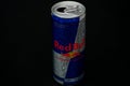 Aluminium can of Red Bull Energy drink with ice and drops. Red Bull is the most popular energy drink in the world