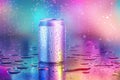 Aluminium can with water drops fluorescent colors. summer concept Royalty Free Stock Photo