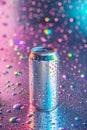 Aluminium can with water drops fluorescent colors. summer concept Royalty Free Stock Photo