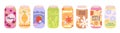 Aluminium cans refreshing drinks. Sweet lemonade and juice, soda water drink. Decorative flat carbonated beverages. Cute