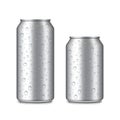 Aluminium cans with water drops. Mockup package for cold soda, beer, juice. Wet metal or steel packaging for beverage. Set of Royalty Free Stock Photo