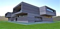 Aluminium exterior of the elite contemporary dwelling. View of the garage with open gate. 3d rendering