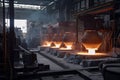 aluminium processing plant, with molten metal being poured into molds