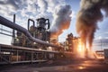 aluminium smelter, with towering smoke stacks and molten metal being poured