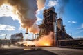 aluminium smelter, with towering smoke stacks and molten metal being poured