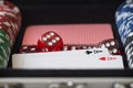 Aluminium suitcase with poker set, cards, red dice and two aces Royalty Free Stock Photo