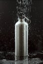 Aluminium water flask on reflective black surface