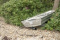 aluminum boat on rollers on the shore among rose hips