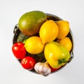 .Aluminum bucket with assortment of fresh vegetables on white background Royalty Free Stock Photo