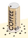 Aluminum can with cappuccino, invigorating coffee. Energy drink to uplift your mood and vigor. Vector. Concept