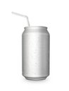 Aluminum can with the ring pull and straw. Isolated on a white.