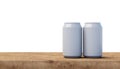 Aluminum can standing on a wooden board with a white background. Royalty Free Stock Photo