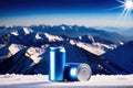 aluminum can White and blue tones There are ice crystals and snow mountains. and Royalty Free Stock Photo