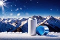 aluminum can White and blue tones There are ice crystals and snow mountains. and Royalty Free Stock Photo