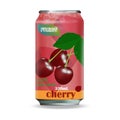 Aluminum cans of apple, grape, cherry juice. Fruit drink advertising vector design. Royalty Free Stock Photo