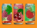 Aluminum cans of apple, grape, cherry juice. Fruit drink advertising vector design. Royalty Free Stock Photo