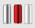 Aluminum cans. Blank metal can drinks, beverage water soda beer lemonade energy drink, silver empty jar vector set