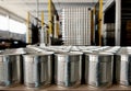 Aluminum cans processed in factory line conveyor