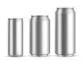 Aluminum cans realistic. Metallic blank beer or soda, water or juice can, silver empty drink packaging 300 330 500 ml Royalty Free Stock Photo