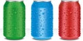 Aluminum Cans in red,green,blue with fresh water drops