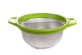 aluminum colander with light green handles on a white isolated background, top view