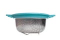 aluminum colander sieve stand with legs and blue border on white background