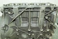 Aluminum cylinder block of automobile internal combustion engine. Side view