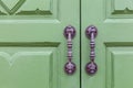 Aluminum door handle and green wood door Royalty Free Stock Photo