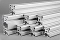 Aluminum exstrusion profile bars gray background. Metal construction industry engineering and material concept Royalty Free Stock Photo