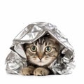 Aluminum Foil Hat on Cat, Aluminium Paper Helmet, Conspiracy Comic Cat, Tinfoil Cap