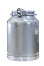 Aluminum food metal new clean houseware for farming isolate on white background. Industrial large barrel can, vessel for storing