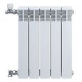 Aluminum heating radiator with valves for connection. Front view. Isolated on white background.