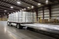 aluminum ingot being transported by truck in a busy commercial warehouse