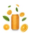 Aluminum orange soda can and falling juicy oranges with green leaves isolated on background. Flying defocusing slices of oranges.