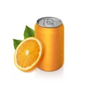 Aluminum orange soda can with fruits, isolated on white