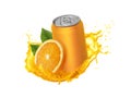 Aluminum orange soda can with fruits, on white background,orange Juice photo retouching Royalty Free Stock Photo