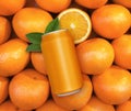 Aluminum orange soda can on orange fruit background fresh