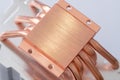 Aluminum radiator with copper heat pipe close-up with beautiful bokeh Concept of air cooling Royalty Free Stock Photo