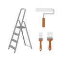 Aluminum stepladder, paint roller and brushes isolated on white background. Household equipment