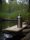 Aluminum thermos on a wooden platform in a pond. Thermos standing on a wooden log in the forest.