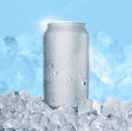 Aluminum Tin Can with ice cubes on blue background. Blank metallic can drink beer soda water juice packaging Royalty Free Stock Photo