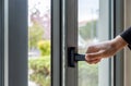 Aluminum window frame detail. Male hand opens the metal door closeup view Royalty Free Stock Photo