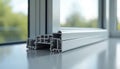 Aluminum window frame profile with thermal break construction. Shows internal structure, white metal, exterior view. Energy Royalty Free Stock Photo