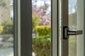 Aluminum window open detail. Metal door frame closeup view