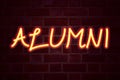 Alumni Former Students neon sign on brick wall background. Fluorescent Neon tube Sign on brickwork Business concept for Celebratio