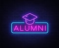 Alumni Neon Sign Vector. Graduation neon symbol, design template, modern trend design, night neon signboard, night