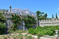 Alupka, Crimea - July 06. 2019. The wall of the Vorontsovsky Palace with a view of Mount Ai-Petri