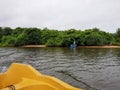 Aluthgama, Sri Lanka - May 04, 2018: fisherman catches fish in a boat on the river