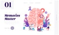 Alzheimer Disease Website Landing Page. Tiny Doctors Walking around of Huge Human Sick Brain, Senior People Dementia